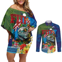 Fiji Iguana-Coat of Arms Couples Matching Off Shoulder Short Dress and Long Sleeve Button Shirt with Hibiscus and Plumeria Palm Tree Tapa Art LT03 Blue - Polynesian Pride
