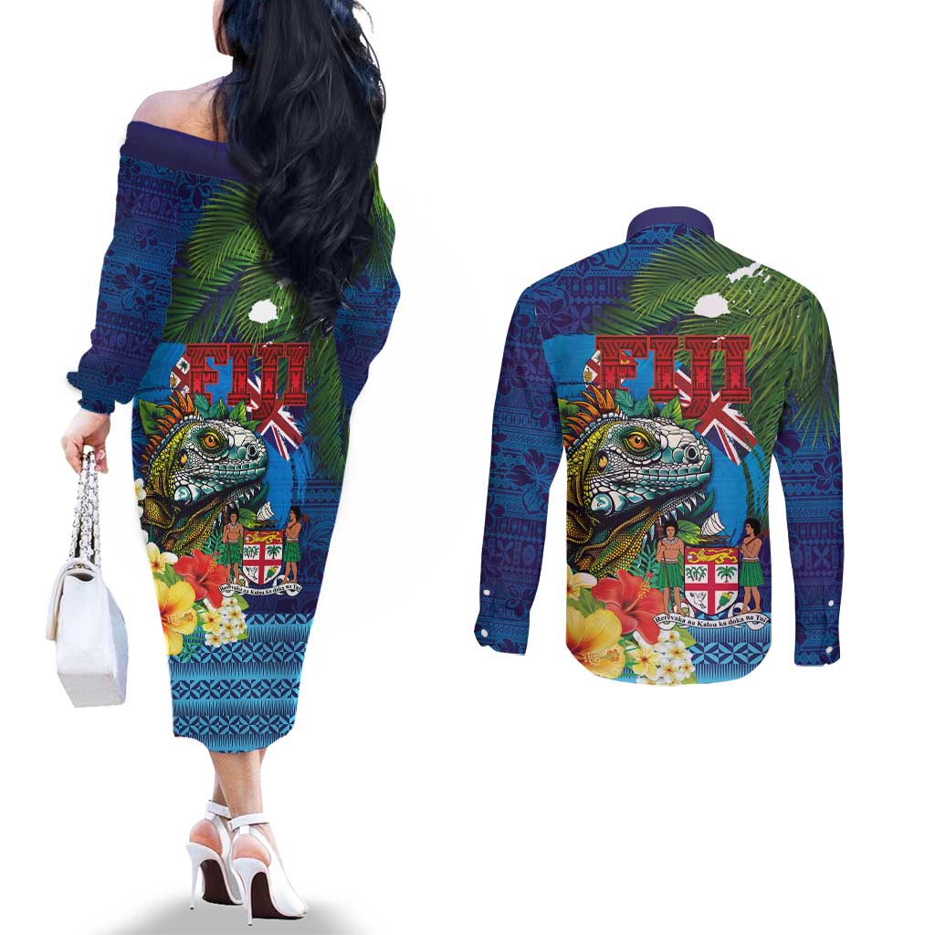 Fiji Iguana-Coat of Arms Couples Matching Off The Shoulder Long Sleeve Dress and Long Sleeve Button Shirt with Hibiscus and Plumeria Palm Tree Tapa Art LT03 - Polynesian Pride