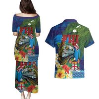 Fiji Iguana-Coat of Arms Couples Matching Puletasi and Hawaiian Shirt with Hibiscus and Plumeria Palm Tree Tapa Art LT03 - Polynesian Pride