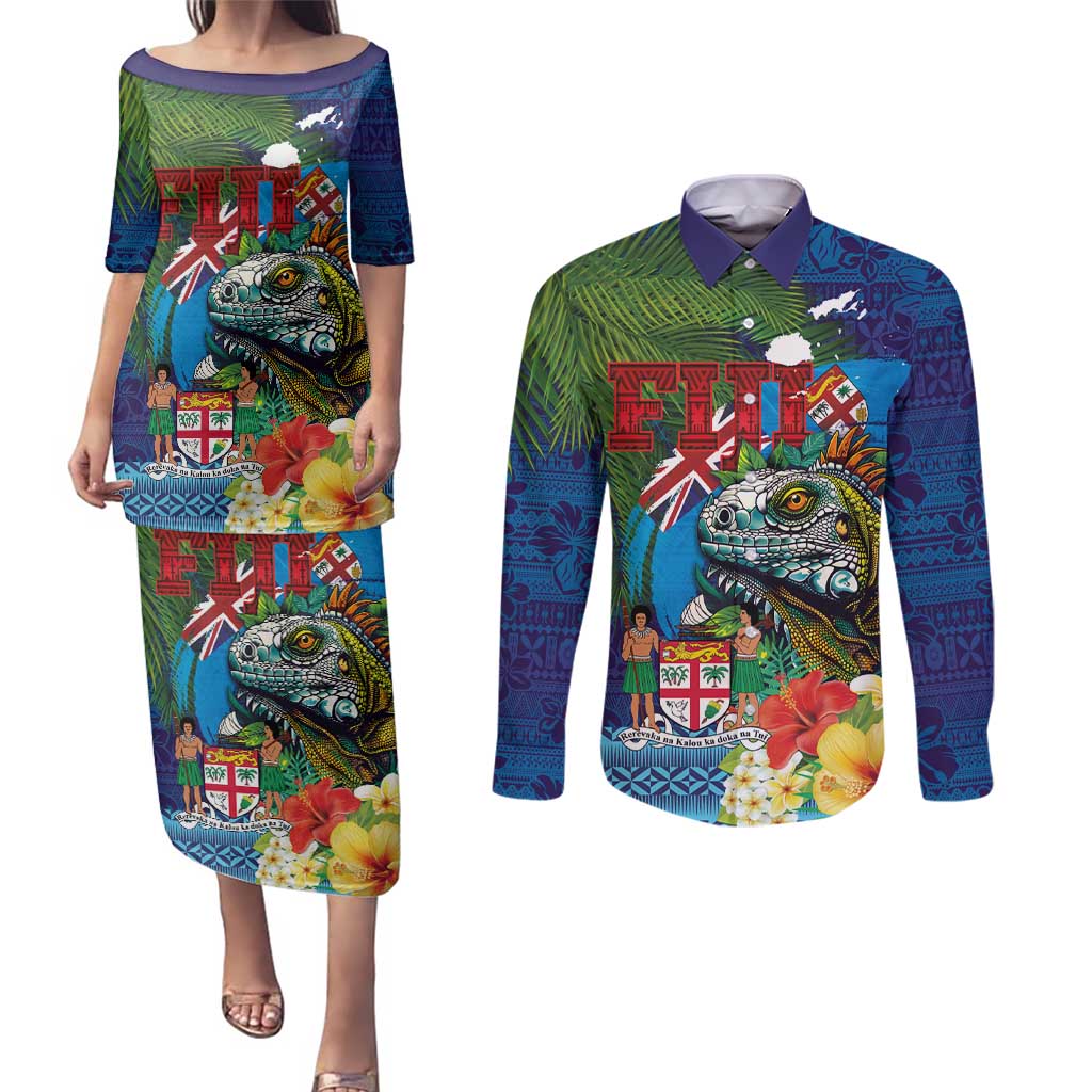 Fiji Iguana-Coat of Arms Couples Matching Puletasi and Long Sleeve Button Shirt with Hibiscus and Plumeria Palm Tree Tapa Art LT03 Blue - Polynesian Pride