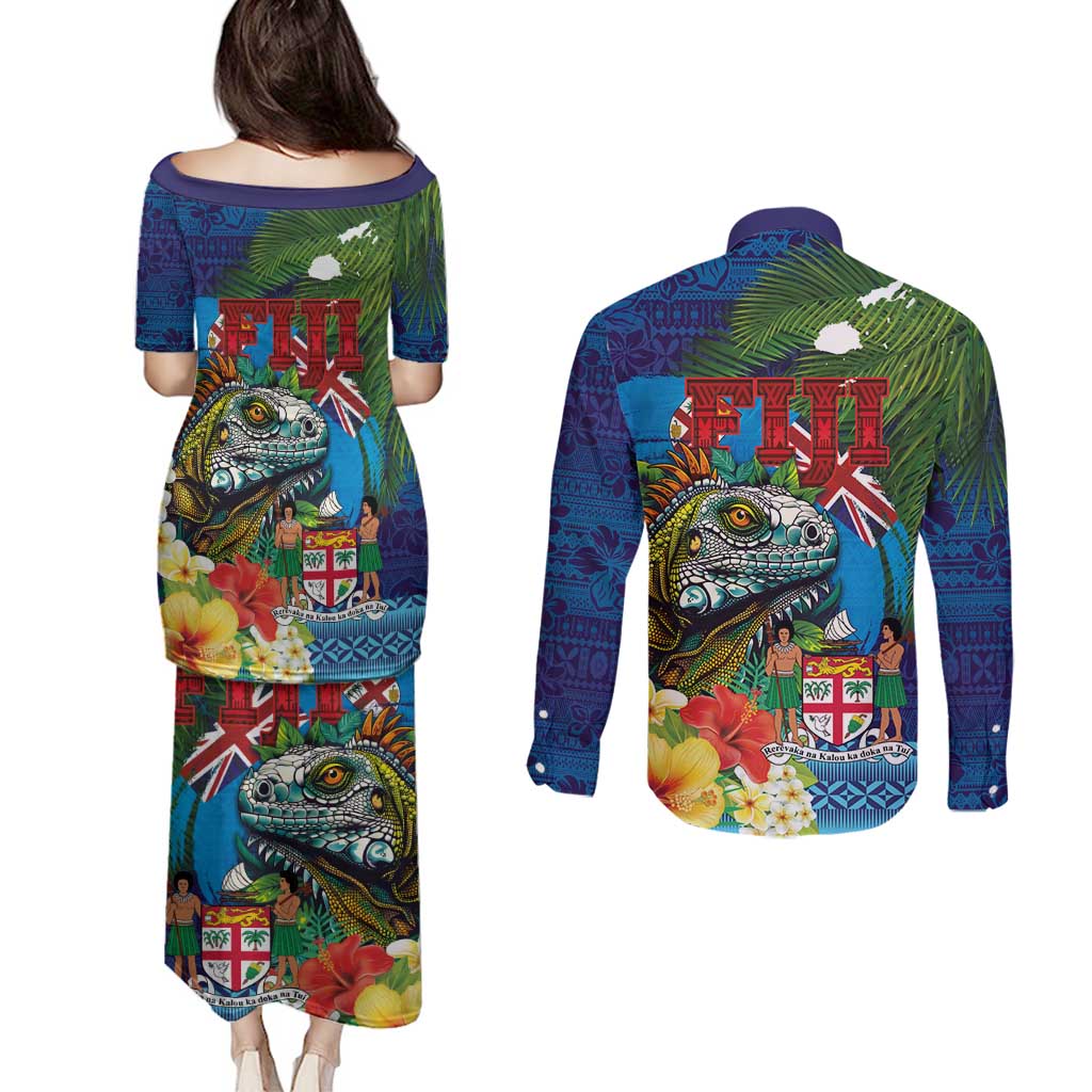 Fiji Iguana-Coat of Arms Couples Matching Puletasi and Long Sleeve Button Shirt with Hibiscus and Plumeria Palm Tree Tapa Art LT03 - Polynesian Pride