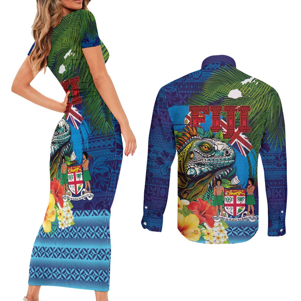 Fiji Iguana-Coat of Arms Couples Matching Short Sleeve Bodycon Dress and Long Sleeve Button Shirt with Hibiscus and Plumeria Palm Tree Tapa Art LT03 - Polynesian Pride