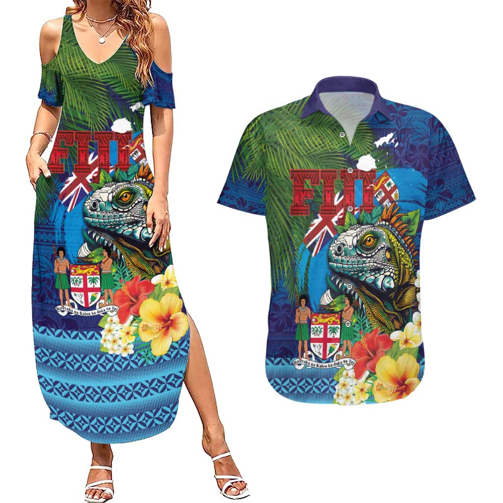 Fiji Iguana-Coat of Arms Couples Matching Summer Maxi Dress and Hawaiian Shirt with Hibiscus and Plumeria Palm Tree Tapa Art LT03 Blue - Polynesian Pride