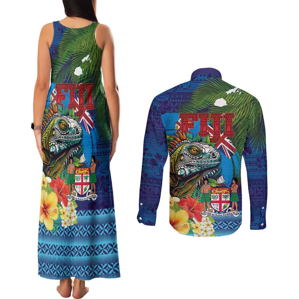 Fiji Iguana-Coat of Arms Couples Matching Tank Maxi Dress and Long Sleeve Button Shirt with Hibiscus and Plumeria Palm Tree Tapa Art LT03 - Polynesian Pride