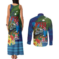 Fiji Iguana-Coat of Arms Couples Matching Tank Maxi Dress and Long Sleeve Button Shirt with Hibiscus and Plumeria Palm Tree Tapa Art LT03 - Polynesian Pride