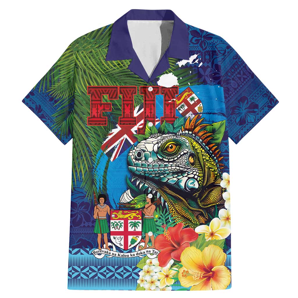 Fiji Iguana-Coat of Arms Family Matching Mermaid Dress and Hawaiian Shirt with Hibiscus and Plumeria Palm Tree Tapa Art LT03 Dad's Shirt - Short Sleeve Blue - Polynesian Pride