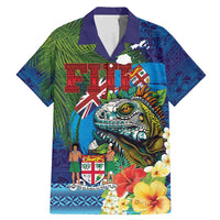 Fiji Iguana-Coat of Arms Family Matching Mermaid Dress and Hawaiian Shirt with Hibiscus and Plumeria Palm Tree Tapa Art LT03 Dad's Shirt - Short Sleeve Blue - Polynesian Pride