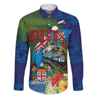 Fiji Iguana-Coat of Arms Family Matching Mermaid Dress and Hawaiian Shirt with Hibiscus and Plumeria Palm Tree Tapa Art LT03 Dad's Shirt - Long Sleeve Blue - Polynesian Pride