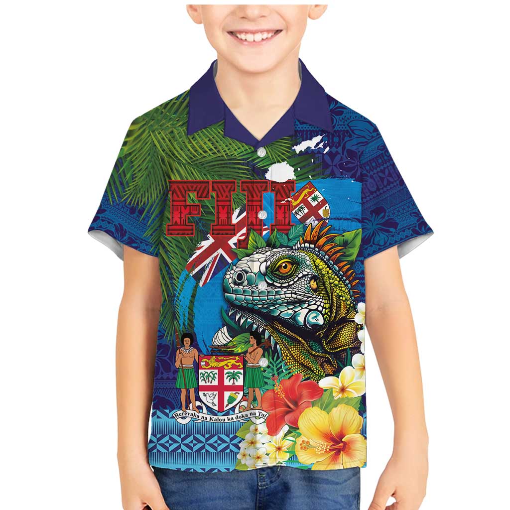 Fiji Iguana-Coat of Arms Family Matching Mermaid Dress and Hawaiian Shirt with Hibiscus and Plumeria Palm Tree Tapa Art LT03 Son's Shirt Blue - Polynesian Pride