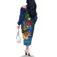 Fiji Iguana-Coat of Arms Family Matching Off The Shoulder Long Sleeve Dress and Hawaiian Shirt with Hibiscus and Plumeria Palm Tree Tapa Art LT03 - Polynesian Pride