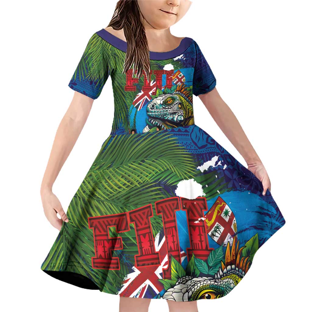 Fiji Iguana-Coat of Arms Family Matching Off Shoulder Short Dress and Hawaiian Shirt with Hibiscus and Plumeria Palm Tree Tapa Art LT03 Daughter's Dress Blue - Polynesian Pride