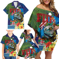 Fiji Iguana-Coat of Arms Family Matching Off Shoulder Short Dress and Hawaiian Shirt with Hibiscus and Plumeria Palm Tree Tapa Art LT03 - Polynesian Pride