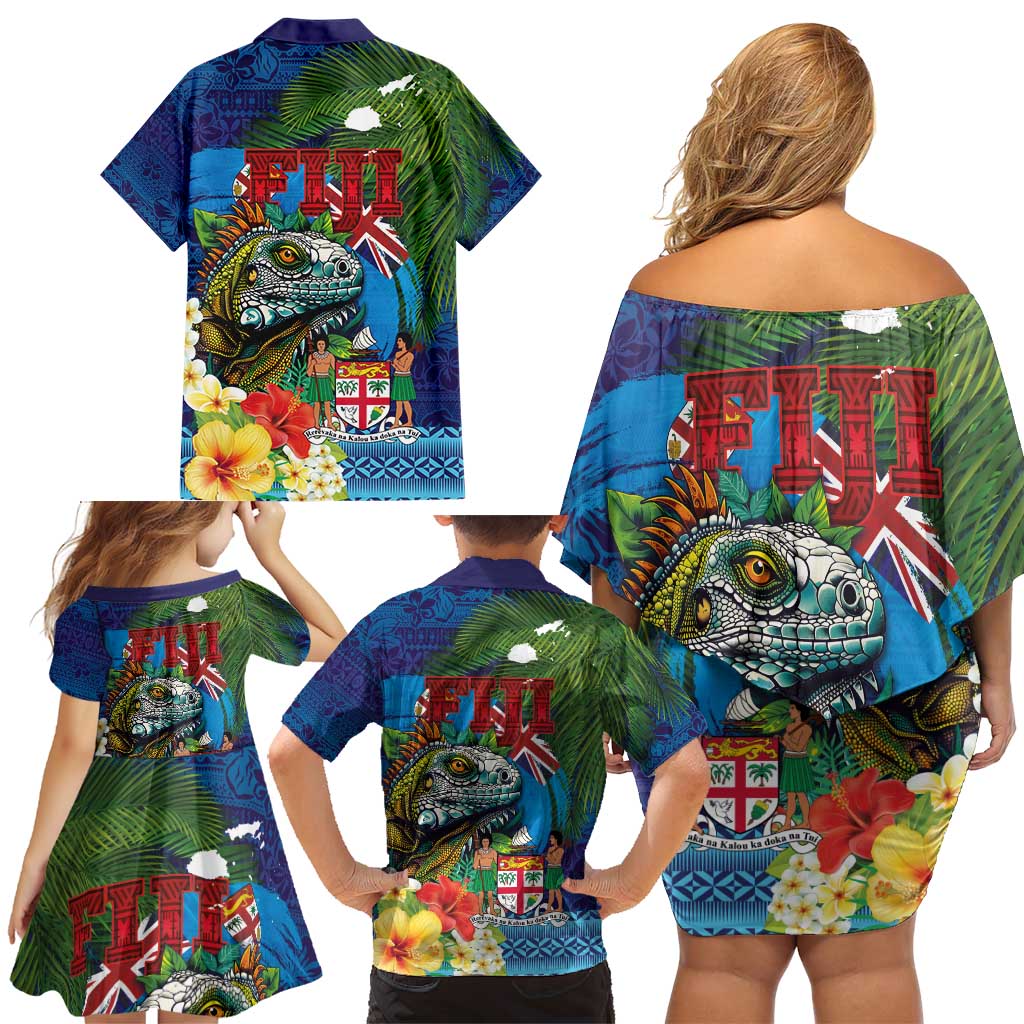 Fiji Iguana-Coat of Arms Family Matching Off Shoulder Short Dress and Hawaiian Shirt with Hibiscus and Plumeria Palm Tree Tapa Art LT03 - Polynesian Pride
