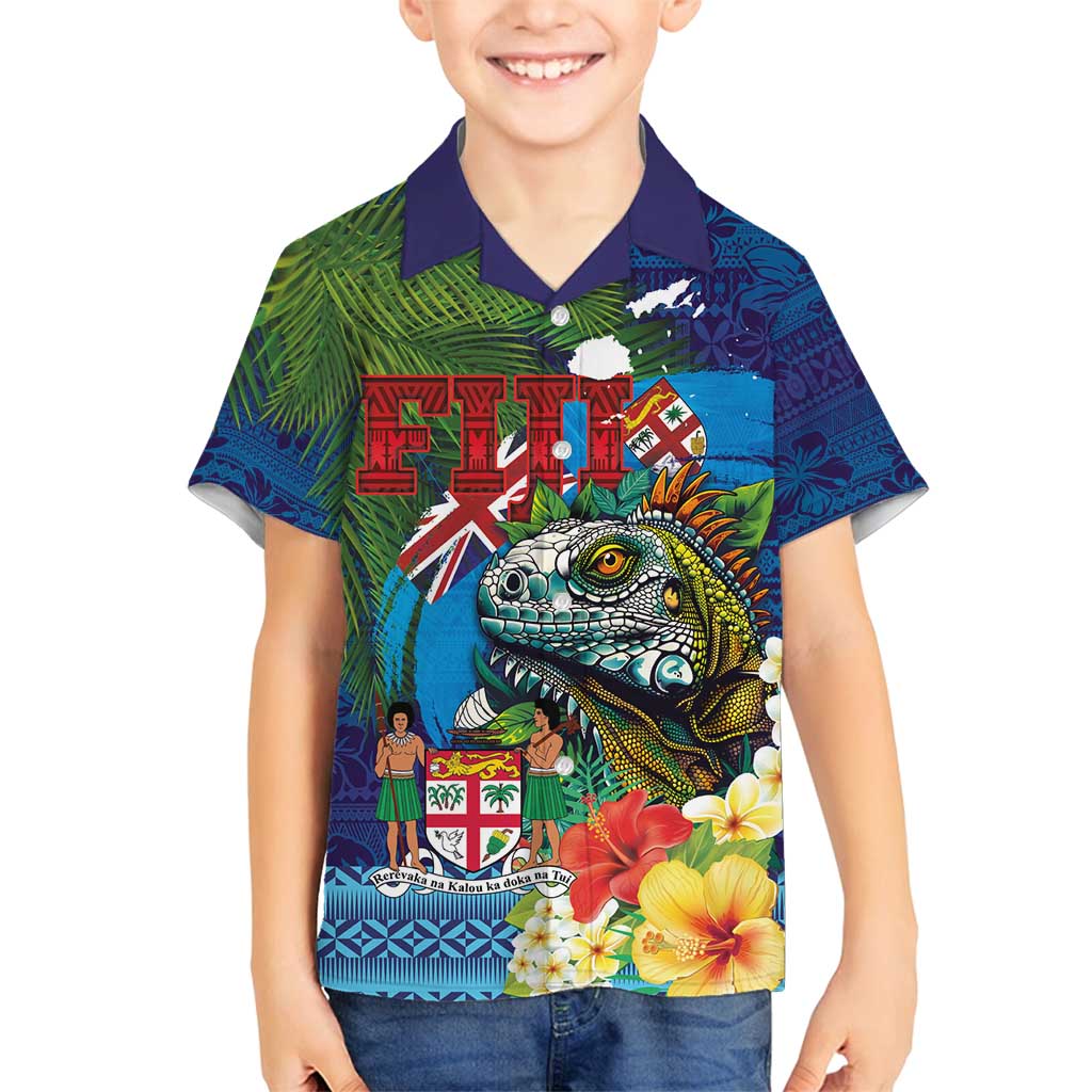 Fiji Iguana-Coat of Arms Family Matching Off Shoulder Short Dress and Hawaiian Shirt with Hibiscus and Plumeria Palm Tree Tapa Art LT03 Son's Shirt Blue - Polynesian Pride
