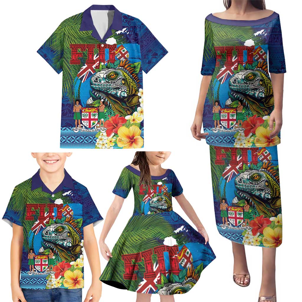 Fiji Iguana-Coat of Arms Family Matching Puletasi and Hawaiian Shirt with Hibiscus and Plumeria Palm Tree Tapa Art LT03 - Polynesian Pride