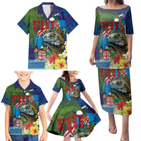 Fiji Iguana-Coat of Arms Family Matching Puletasi and Hawaiian Shirt with Hibiscus and Plumeria Palm Tree Tapa Art LT03 - Polynesian Pride