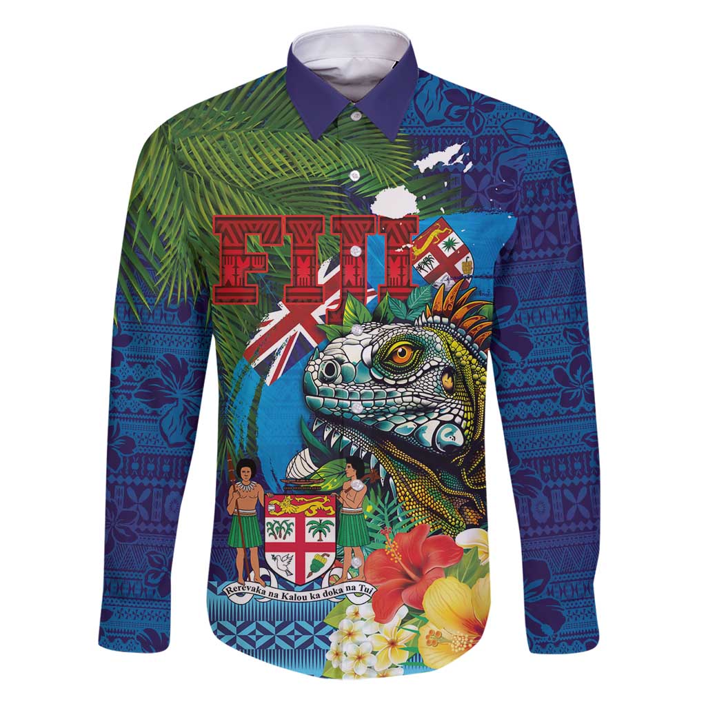 Fiji Iguana-Coat of Arms Family Matching Puletasi and Hawaiian Shirt with Hibiscus and Plumeria Palm Tree Tapa Art LT03 Dad's Shirt - Long Sleeve Blue - Polynesian Pride