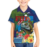 Fiji Iguana-Coat of Arms Family Matching Puletasi and Hawaiian Shirt with Hibiscus and Plumeria Palm Tree Tapa Art LT03 Son's Shirt Blue - Polynesian Pride