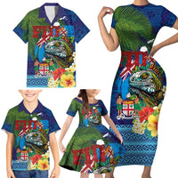Fiji Iguana-Coat of Arms Family Matching Short Sleeve Bodycon Dress and Hawaiian Shirt with Hibiscus and Plumeria Palm Tree Tapa Art LT03 - Polynesian Pride