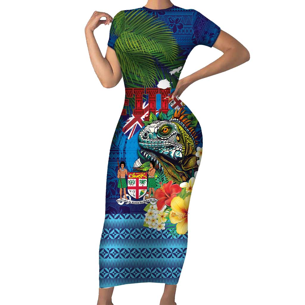 Fiji Iguana-Coat of Arms Family Matching Short Sleeve Bodycon Dress and Hawaiian Shirt with Hibiscus and Plumeria Palm Tree Tapa Art LT03 Mom's Dress Blue - Polynesian Pride
