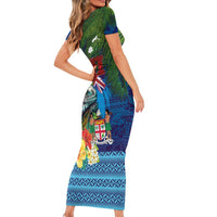 Fiji Iguana-Coat of Arms Family Matching Short Sleeve Bodycon Dress and Hawaiian Shirt with Hibiscus and Plumeria Palm Tree Tapa Art LT03 - Polynesian Pride