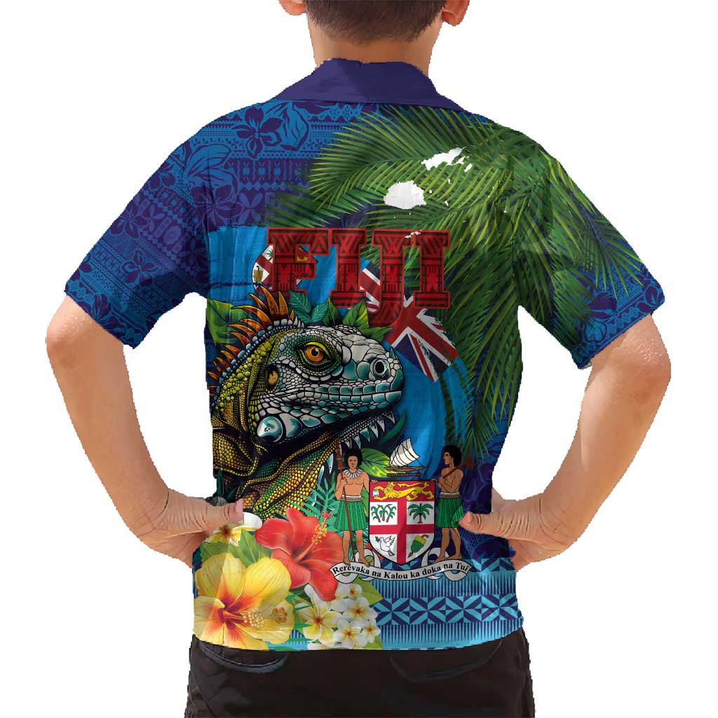 Fiji Iguana-Coat of Arms Family Matching Summer Maxi Dress and Hawaiian Shirt with Hibiscus and Plumeria Palm Tree Tapa Art LT03 - Polynesian Pride