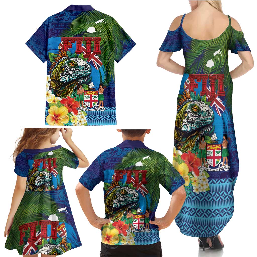 Fiji Iguana-Coat of Arms Family Matching Summer Maxi Dress and Hawaiian Shirt with Hibiscus and Plumeria Palm Tree Tapa Art LT03 - Polynesian Pride