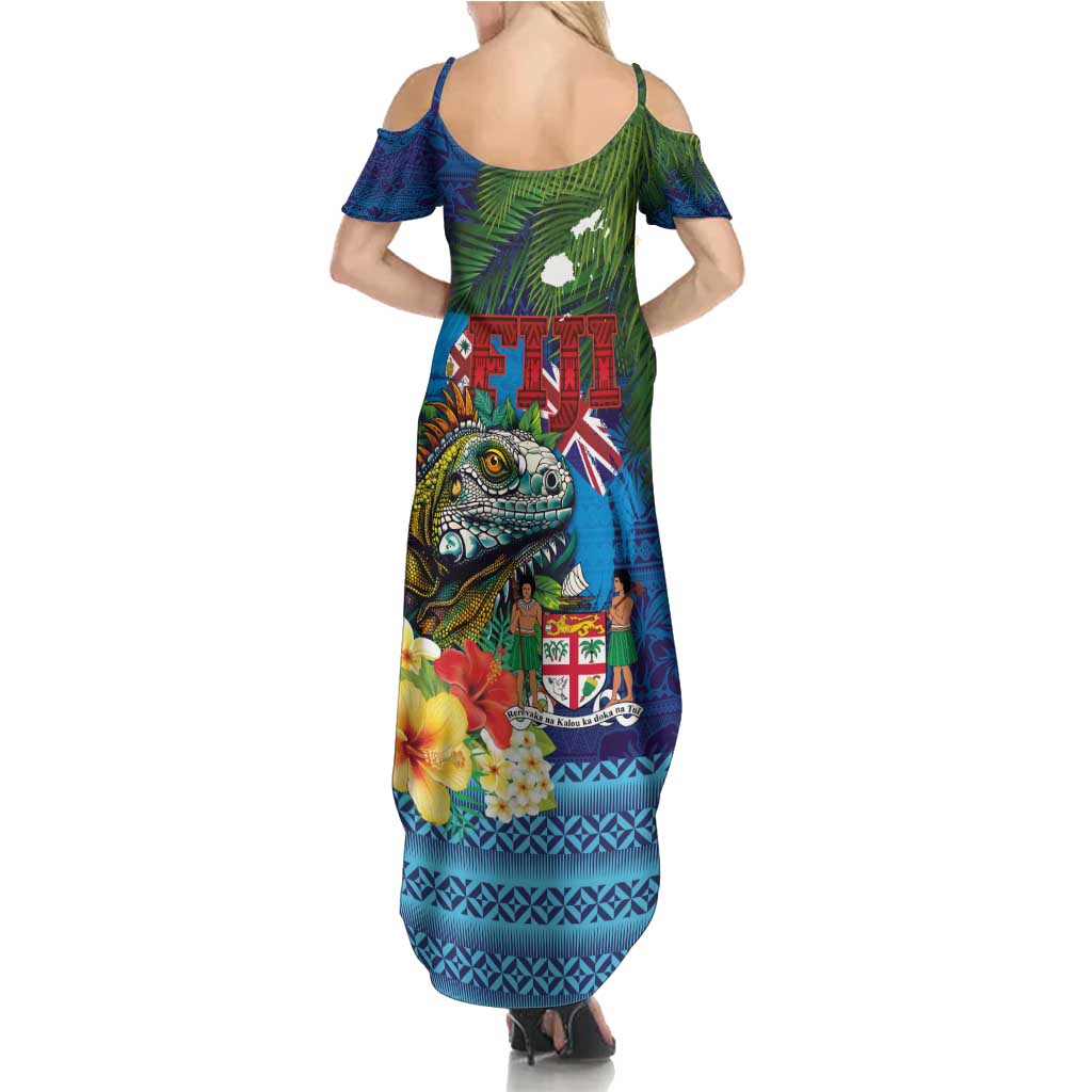 Fiji Iguana-Coat of Arms Family Matching Summer Maxi Dress and Hawaiian Shirt with Hibiscus and Plumeria Palm Tree Tapa Art LT03 - Polynesian Pride