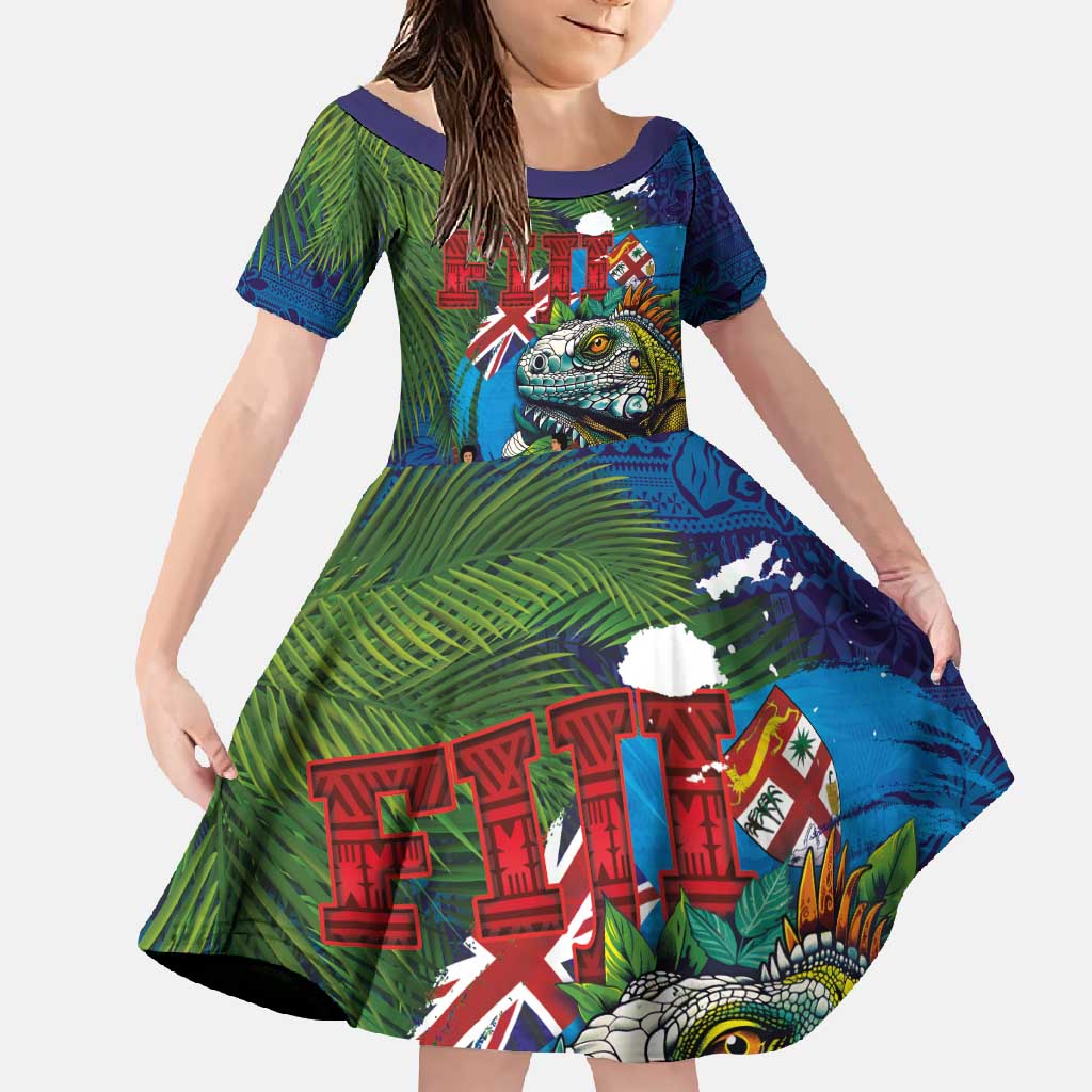 Fiji Iguana-Coat of Arms Family Matching Tank Maxi Dress and Hawaiian Shirt with Hibiscus and Plumeria Palm Tree Tapa Art LT03 Daughter's Dress Blue - Polynesian Pride