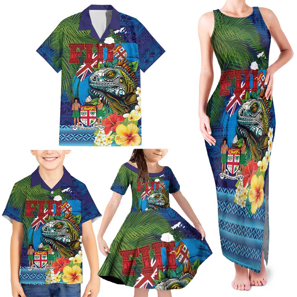 Fiji Iguana-Coat of Arms Family Matching Tank Maxi Dress and Hawaiian Shirt with Hibiscus and Plumeria Palm Tree Tapa Art LT03 - Polynesian Pride