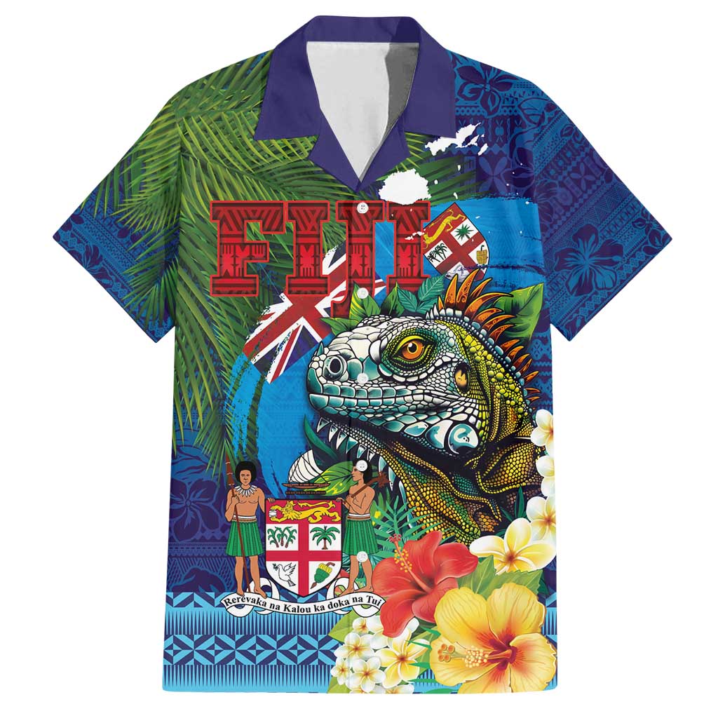Fiji Iguana-Coat of Arms Family Matching Tank Maxi Dress and Hawaiian Shirt with Hibiscus and Plumeria Palm Tree Tapa Art LT03 Dad's Shirt - Short Sleeve Blue - Polynesian Pride