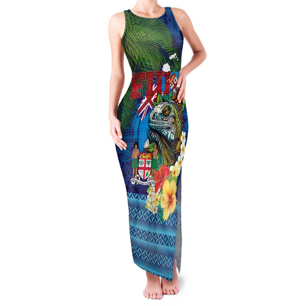 Fiji Iguana-Coat of Arms Family Matching Tank Maxi Dress and Hawaiian Shirt with Hibiscus and Plumeria Palm Tree Tapa Art LT03 Mom's Dress Blue - Polynesian Pride