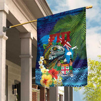 Fiji Iguana-Coat of Arms Garden Flag with Hibiscus and Plumeria Palm Tree Tapa Art LT03 House Flag Blue - Polynesian Pride