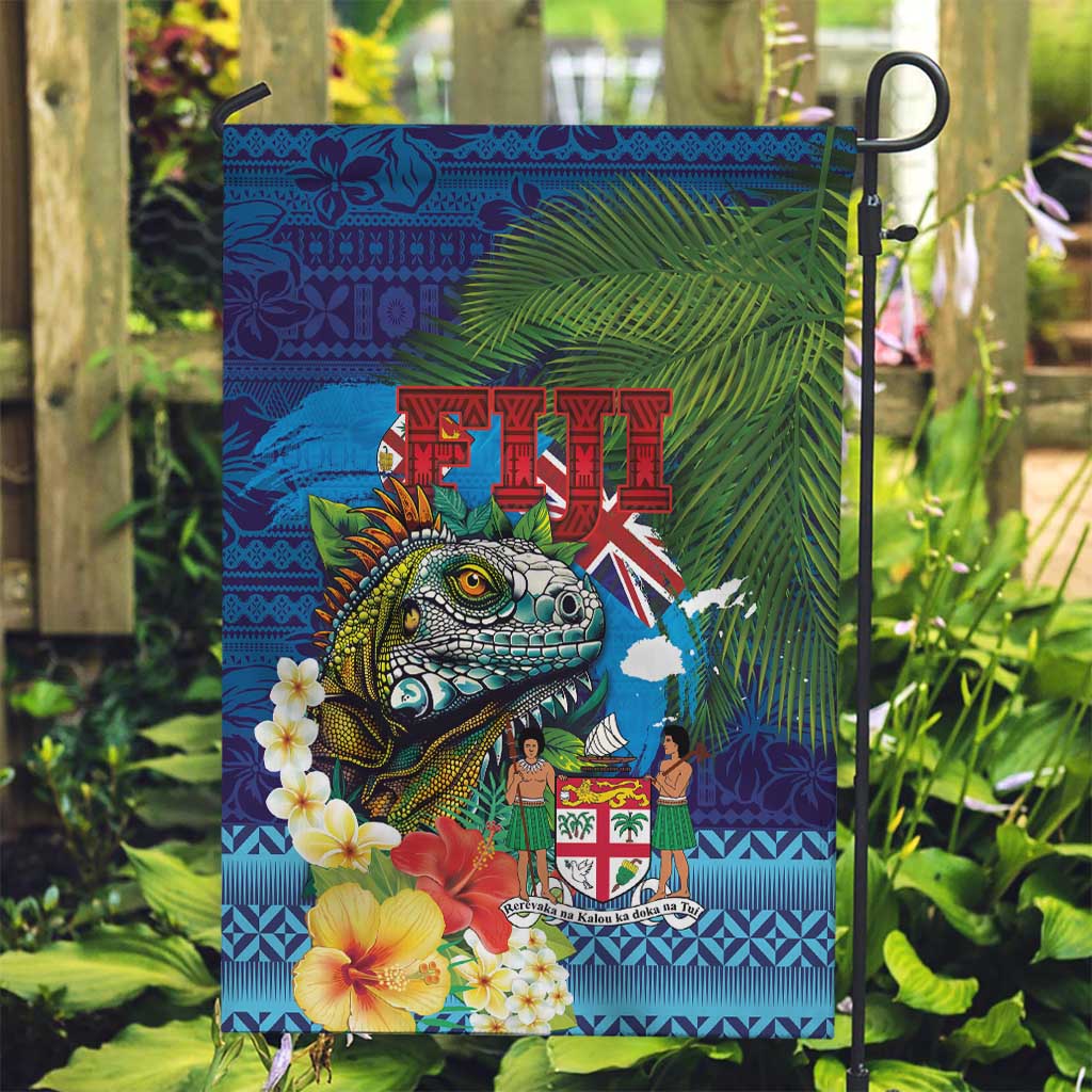 Fiji Iguana-Coat of Arms Garden Flag with Hibiscus and Plumeria Palm Tree Tapa Art LT03 Garden Flag Blue - Polynesian Pride