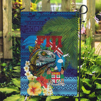 Fiji Iguana-Coat of Arms Garden Flag with Hibiscus and Plumeria Palm Tree Tapa Art LT03 Garden Flag Blue - Polynesian Pride