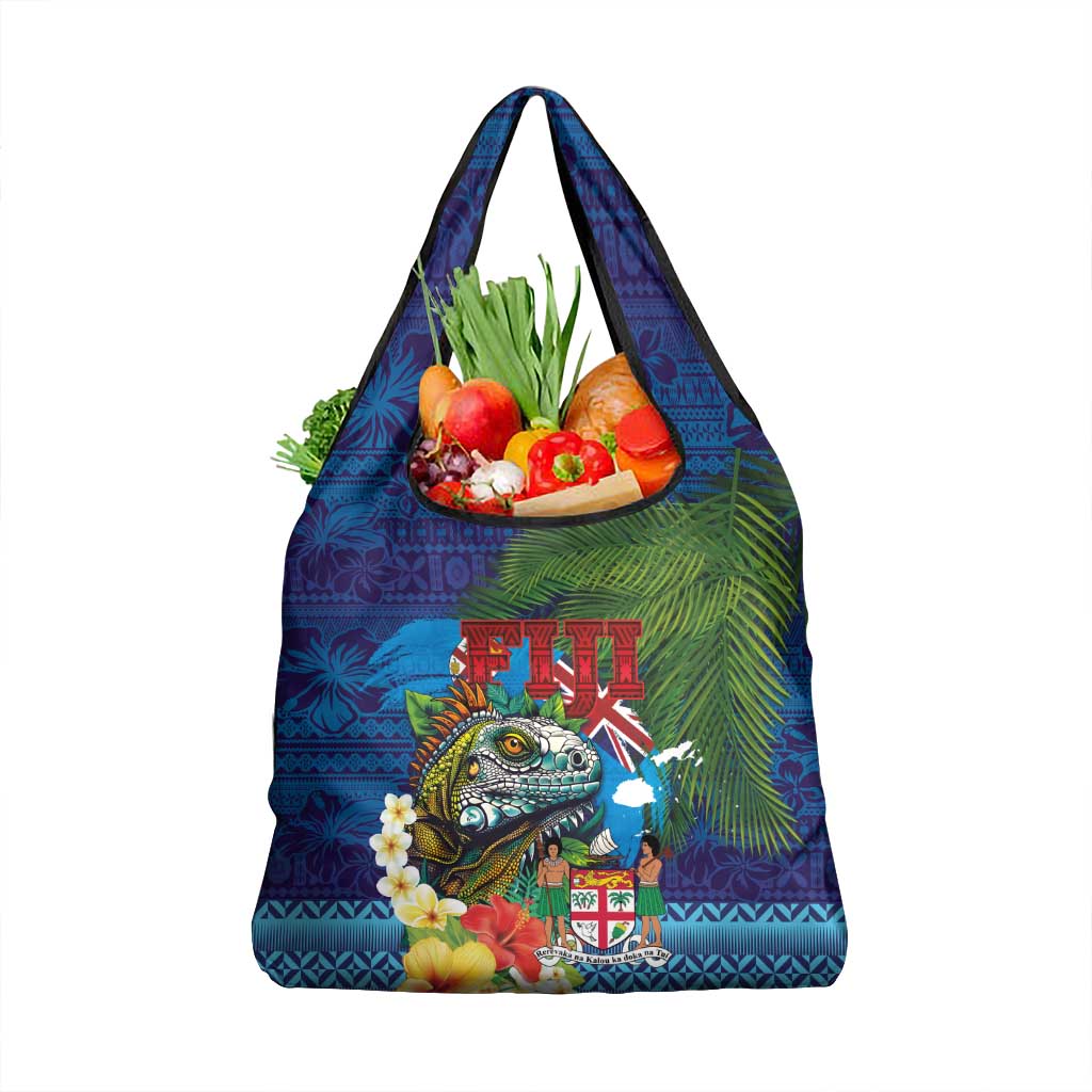 Fiji Iguana-Coat of Arms Grocery Bag with Hibiscus and Plumeria Palm Tree Tapa Art LT03 1-pack One Size Blue - Polynesian Pride