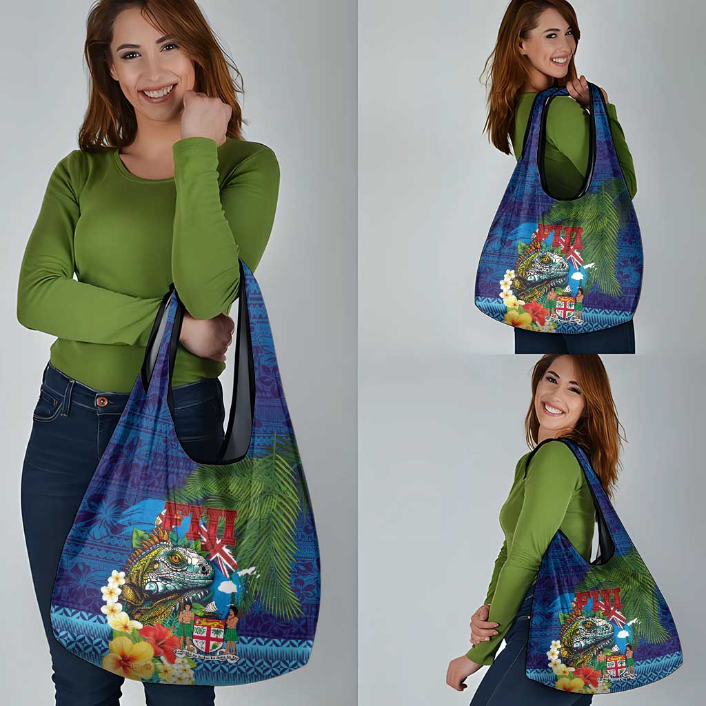 Fiji Iguana-Coat of Arms Grocery Bag with Hibiscus and Plumeria Palm Tree Tapa Art LT03 - Polynesian Pride