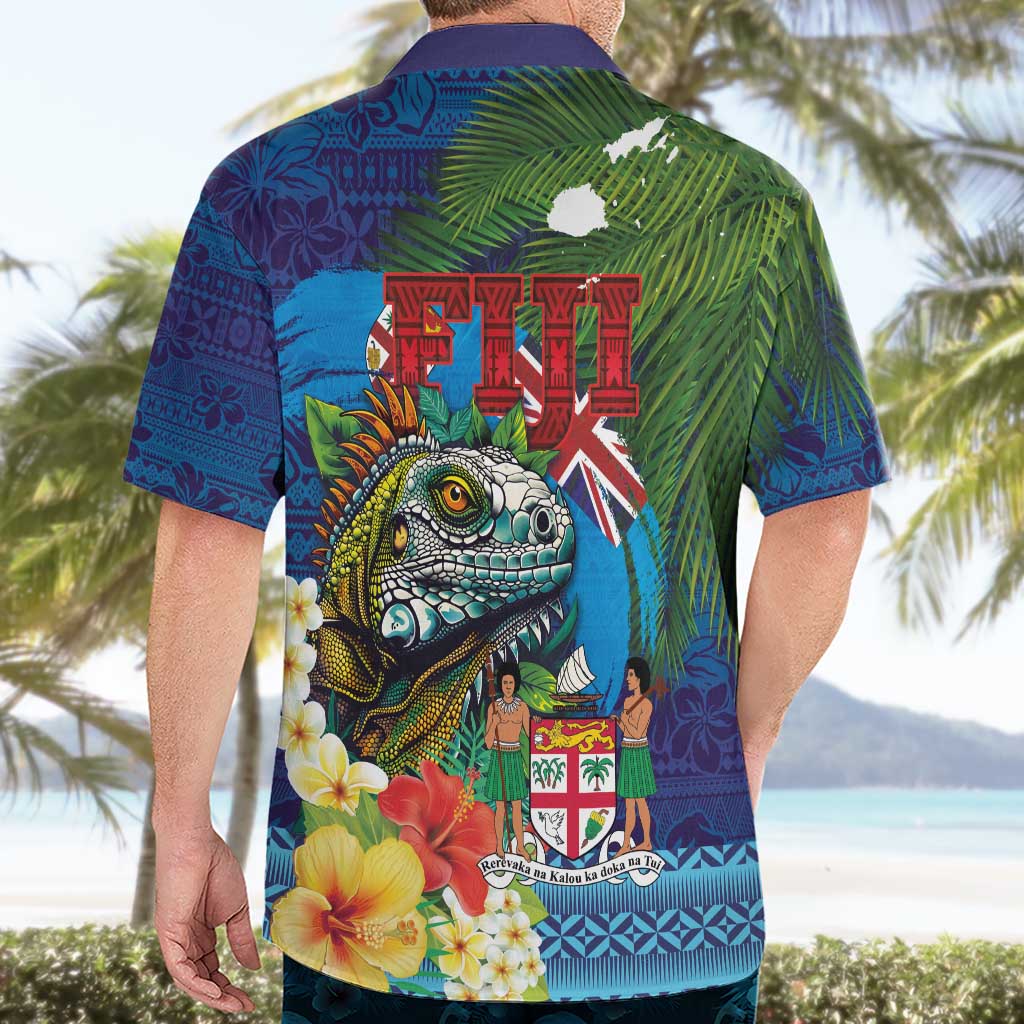 Fiji Iguana-Coat of Arms Hawaiian Shirt with Hibiscus and Plumeria Palm Tree Tapa Art LT03 - Polynesian Pride