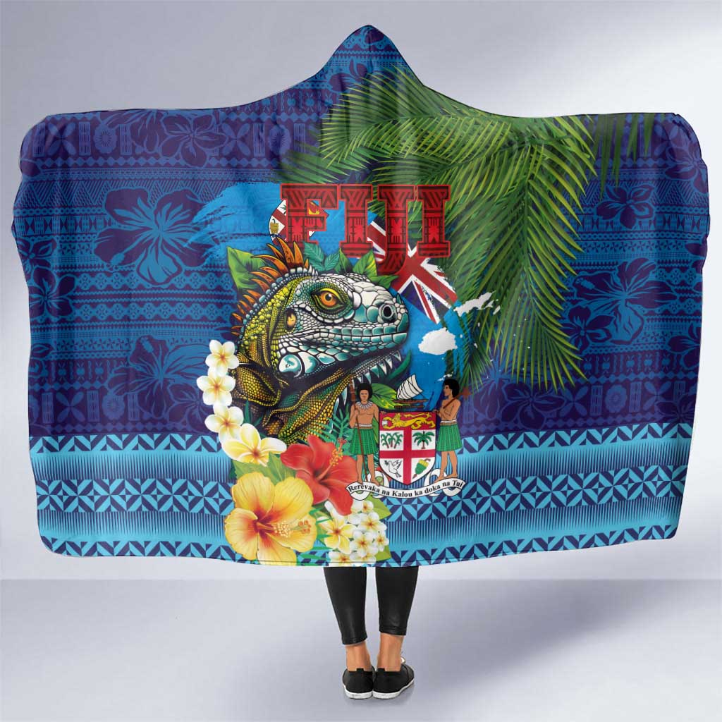 Fiji Iguana-Coat of Arms Hooded Blanket with Hibiscus and Plumeria Palm Tree Tapa Art LT03 One Size Blue - Polynesian Pride