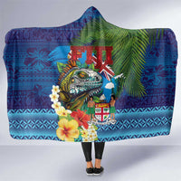 Fiji Iguana-Coat of Arms Hooded Blanket with Hibiscus and Plumeria Palm Tree Tapa Art LT03 One Size Blue - Polynesian Pride