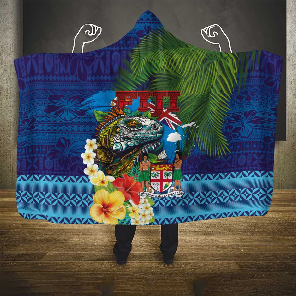 Fiji Iguana-Coat of Arms Hooded Blanket with Hibiscus and Plumeria Palm Tree Tapa Art LT03 - Polynesian Pride
