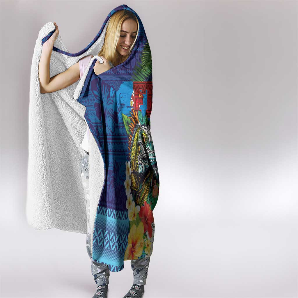 Fiji Iguana-Coat of Arms Hooded Blanket with Hibiscus and Plumeria Palm Tree Tapa Art LT03 - Polynesian Pride