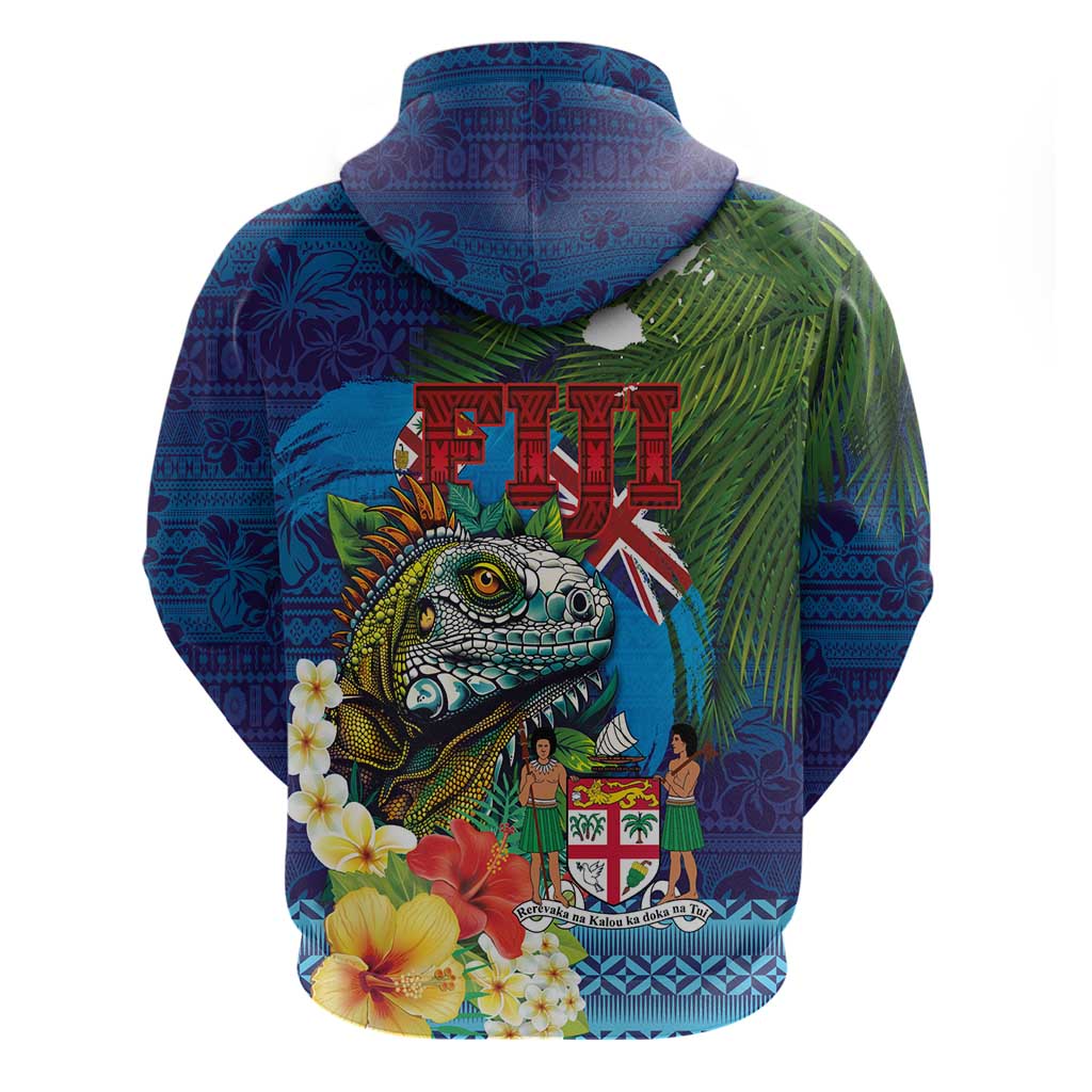 Fiji Iguana-Coat of Arms Hoodie with Hibiscus and Plumeria Palm Tree Tapa Art LT03 - Polynesian Pride