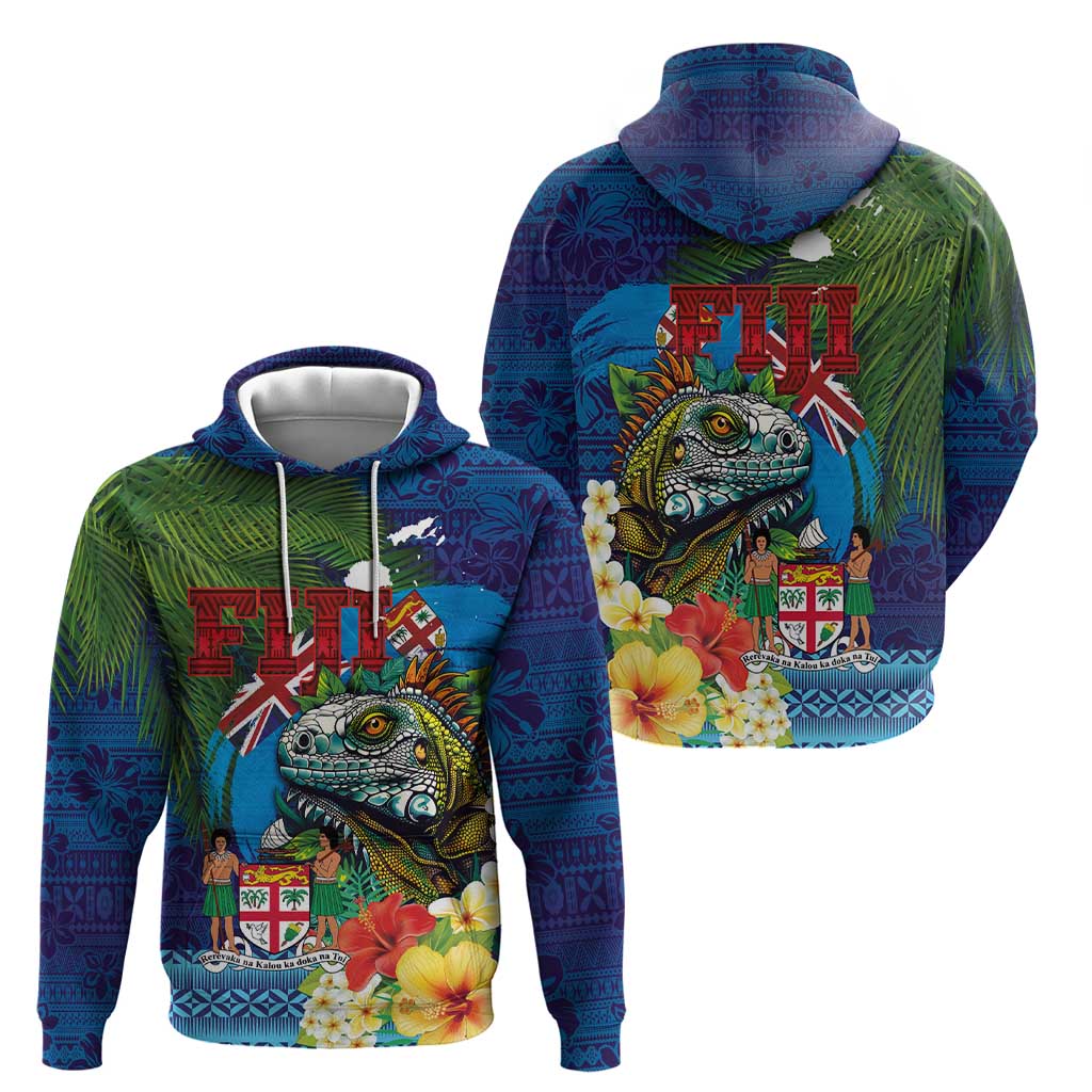Fiji Iguana-Coat of Arms Hoodie with Hibiscus and Plumeria Palm Tree Tapa Art LT03 - Polynesian Pride
