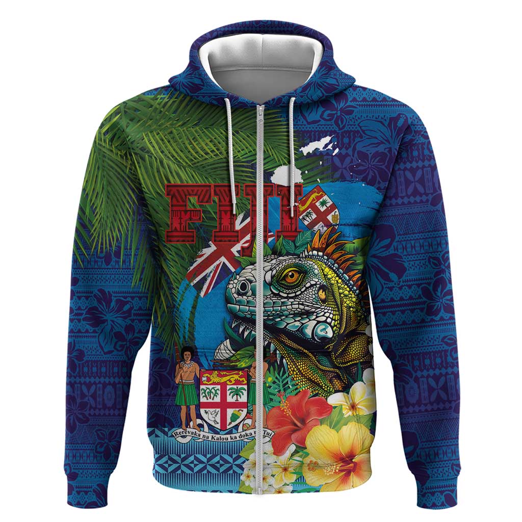 Fiji Iguana-Coat of Arms Hoodie with Hibiscus and Plumeria Palm Tree Tapa Art LT03 Zip Hoodie Blue - Polynesian Pride