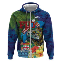 Fiji Iguana-Coat of Arms Hoodie with Hibiscus and Plumeria Palm Tree Tapa Art LT03 Zip Hoodie Blue - Polynesian Pride
