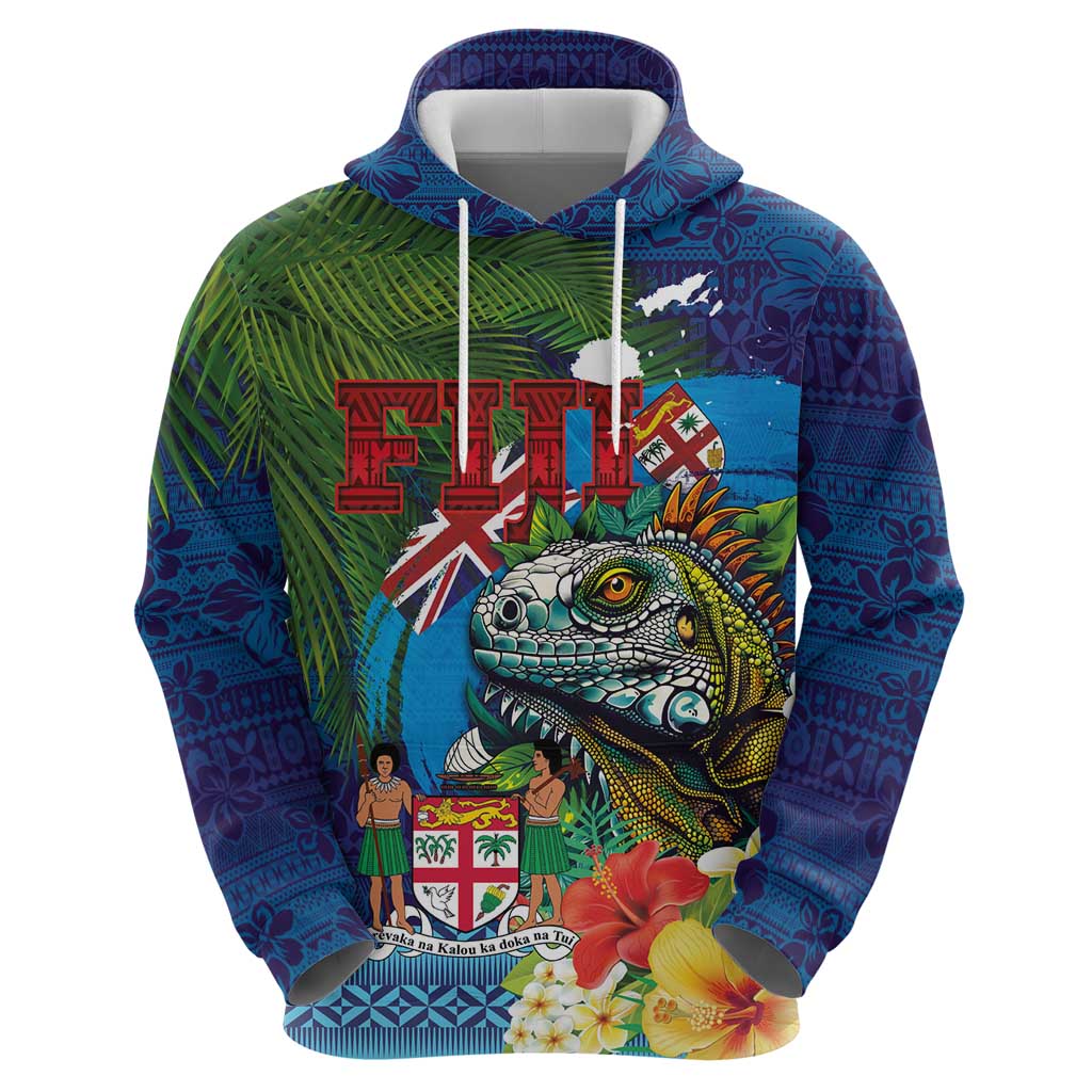Fiji Iguana-Coat of Arms Hoodie with Hibiscus and Plumeria Palm Tree Tapa Art LT03 - Polynesian Pride