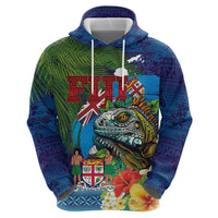 Fiji Iguana-Coat of Arms Hoodie with Hibiscus and Plumeria Palm Tree Tapa Art LT03 - Polynesian Pride
