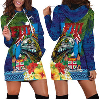 Fiji Iguana-Coat of Arms Hoodie Dress with Hibiscus and Plumeria Palm Tree Tapa Art LT03 - Polynesian Pride