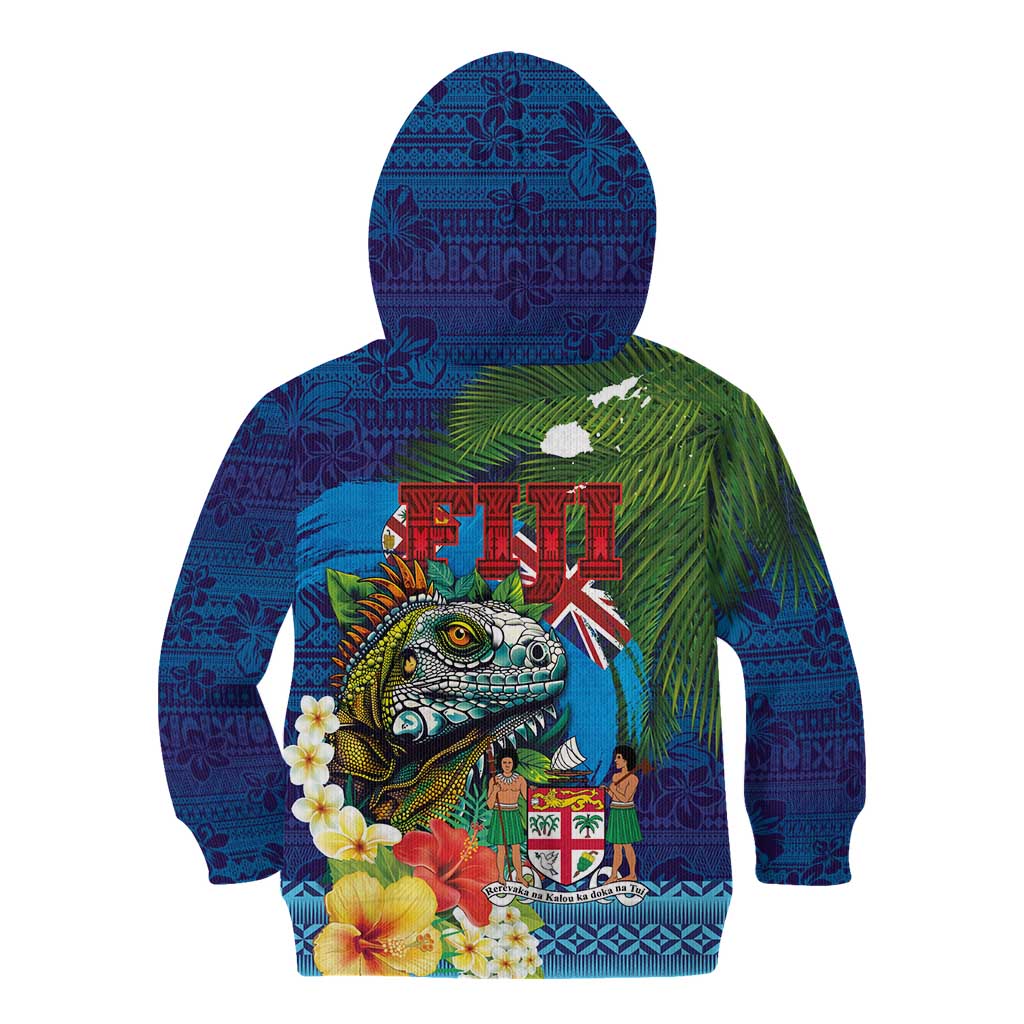 Fiji Iguana-Coat of Arms Kid Hoodie with Hibiscus and Plumeria Palm Tree Tapa Art LT03 - Polynesian Pride